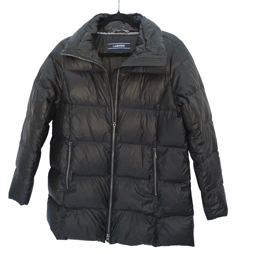 Lands End Womens‎ Black Down Puffer Coat Jacket Full Zip Collared Small Outdoor